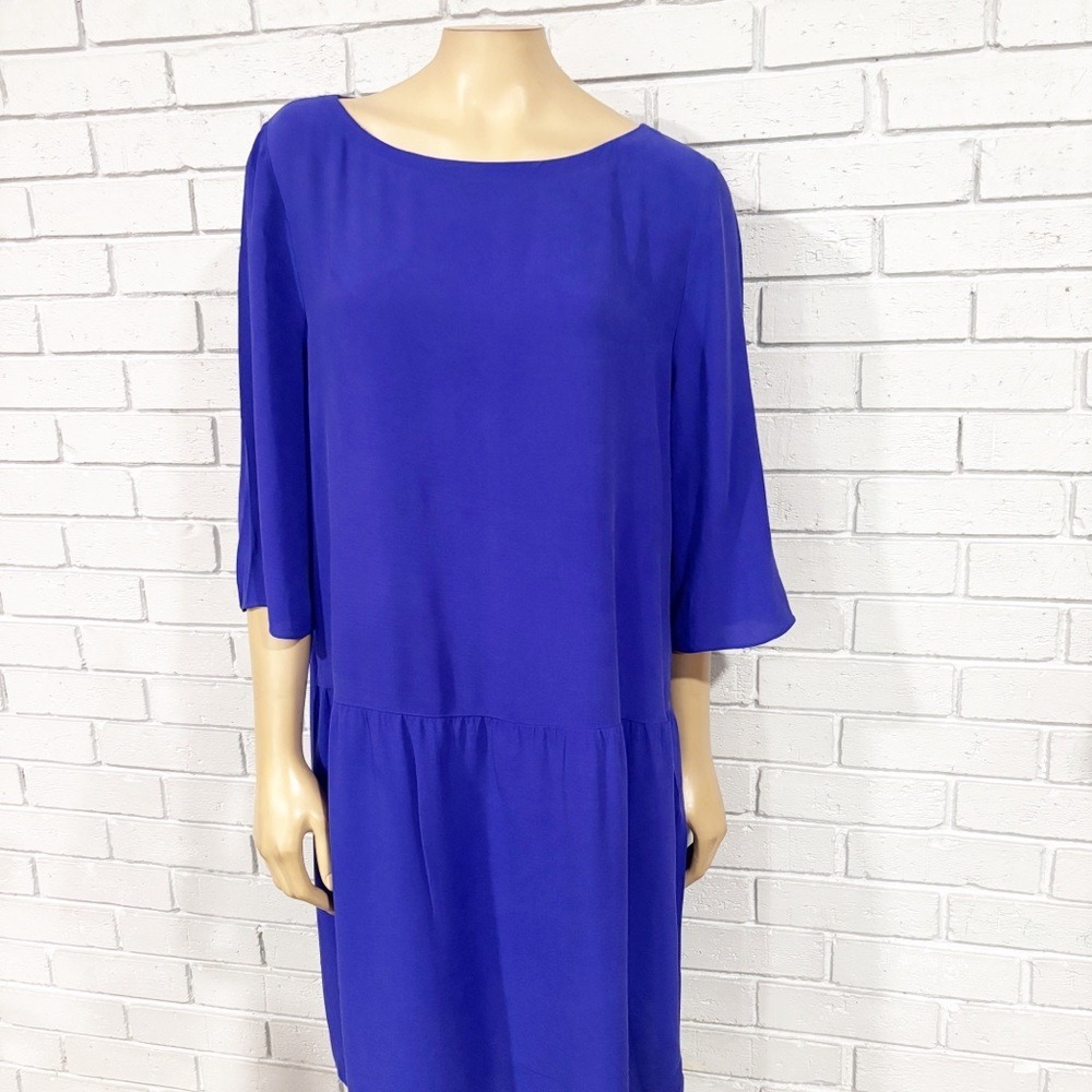 Eileen Fisher Royal Blue 100% Silk Drop Waist Crepe Shift Dress‎ | Size  Large